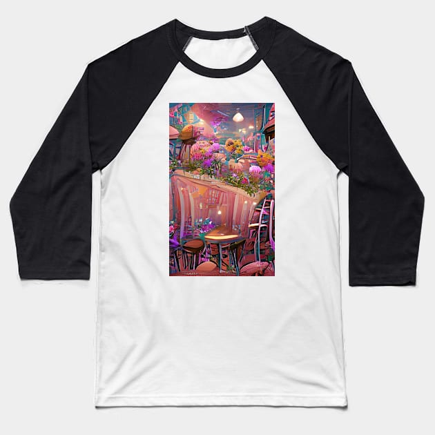 Psychedelic pink floral coffee shop| psychedelic floral coffee Baseball T-Shirt by PsychicLove